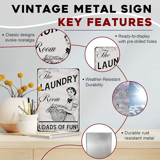 Funny Laundry Room Sign “Laundry Loads of Fun” - Vintage Farmhouse Wall Decor for Bathroom Home Utility Room 8x12 Inch