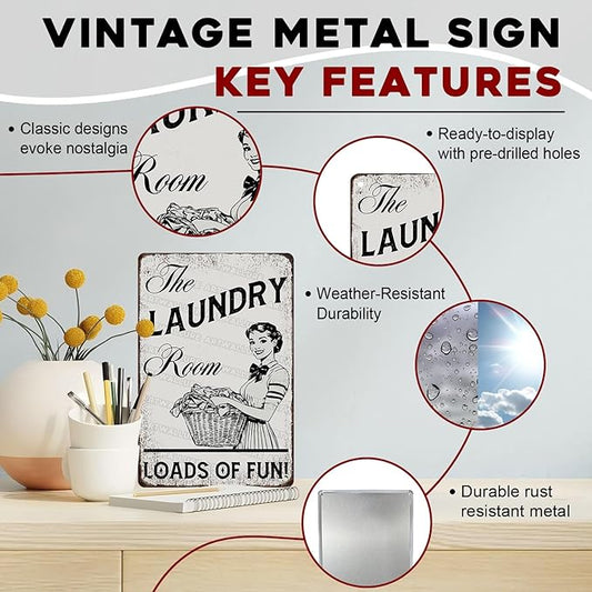 Funny Laundry Room Sign “Laundry Loads of Fun” - Vintage Farmhouse Wall Decor for Bathroom Home Utility Room 8x12 Inch
