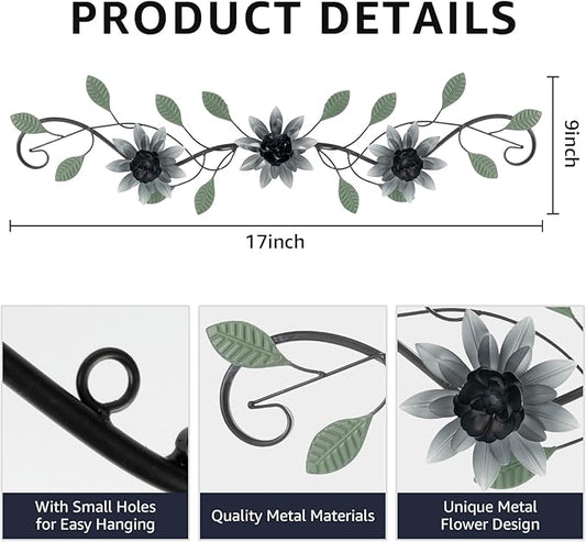 KHJCXS Metal Wall Art Modern Minimalist Metal Flowers Indoor Decor Horizontal Wall Art Iron Artwork,for Over Door,Bedroom,Living Room,Kitchen,Officel Scroll Decor(Black)
