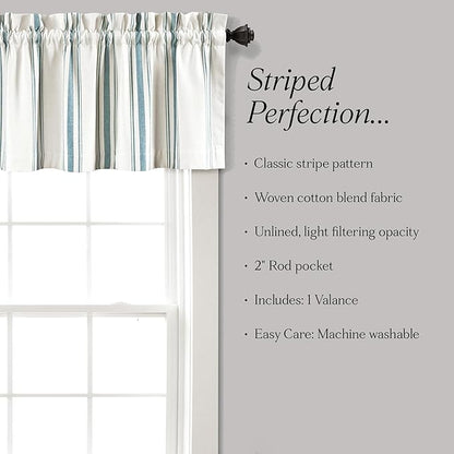Lush Decor Farmhouse Stripe Yarn Dyed Recycled Cotton Window Curtain Valance, 18" L x 52" W, Blue - Classic Modern Rustic Charm - Eco Friendly Cotton Fabric