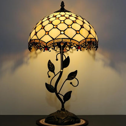 Tiffany Lamp Stained Glass Style Table Lamp Beads Style Bedside Desk Reading Light W12H19 Inch Metal Leaf Base with Metal Leaf Base