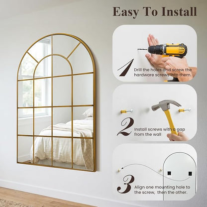 Anpark Arched Windowpane Wall Mirror 30"x48" Bronze Wall Mounted Art Pane Mirror Farmhouse Decorative Mirror Leaning Hanging Wall Mirror for Bedroom Living Room Entrance Hallway Wall Decor