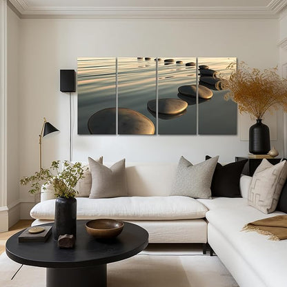 LevvArts - Large Zen Canvas Wall Art Basalt Stone at Sunset Relax Picture Spa Living Room Office Wall Decor Peaceful Scenery Artwork Framed Ready to Hang- 64" W x 32" H Overall