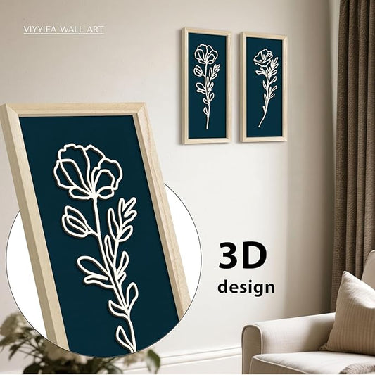VIYYIEA Wooden 3d Floral Bathroom Wall Decor, Ready-to-Hang Framed Wall Art For Living Room, Bedroom and Office, Boho Botanical Farmhouse Decoration, Lightweight but Valuable Gift (7x16 In, set of 2)