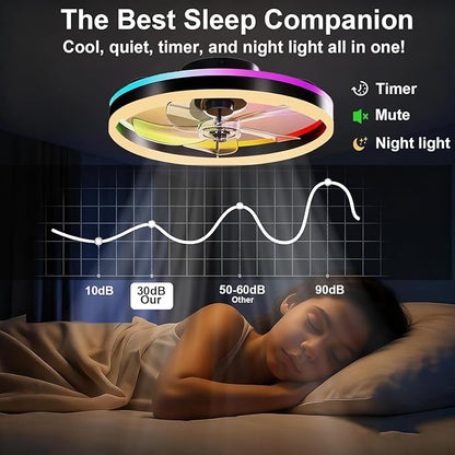 RGBCW Ceiling Fan with Light, 20" Flush Mount Low Profile Smart Fan Light with App & Remote Control, 6 Speeds Reversible, 3CCT Dimmable LED Bladeless Fandelier Quiet DC Motor for Bedroom Living Room
