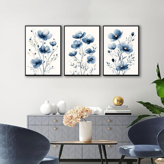 okudolit Navy Blue Wildflower Framed Canvas Wall Art Set Of 3 Flowers Pictures Prints Flowers Printing Floral Watercolors Flower wall Decor Living Room Bedroom Dinning Room Farmhouse Office-16 x24in