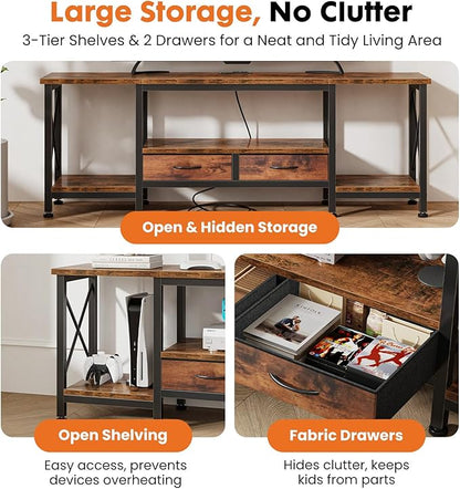 DUMOS 63” TV Stand with Power Outlets, Entertainment Center for TVs Up to 75 Inches, Industrial Media Console with Fabric Drawers and Open Shelves, Rustic Brown TV Table for Living Room, Bedroom