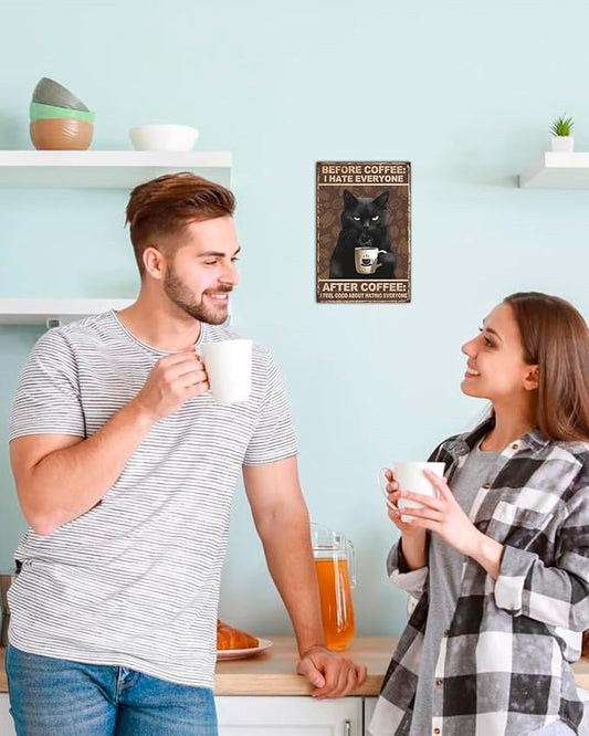 ALKB Funny Black Cat Sign, Vintage Coffee Sign - Before Coffee I Hate Everyone Wall Decor, 8x12 Inch