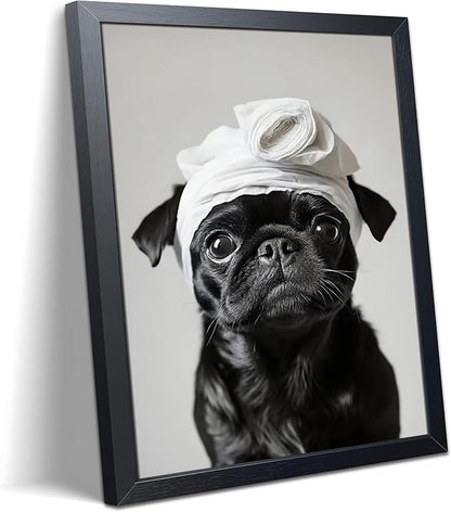 Framed Funny Dog Bathroom Wall Art, Cute Pug Bathroom Wall Decor, Cute Animal Canvas Print Picture, Modern Farmhouse Restroom Home Decor Painting 8x10 Inch Framed