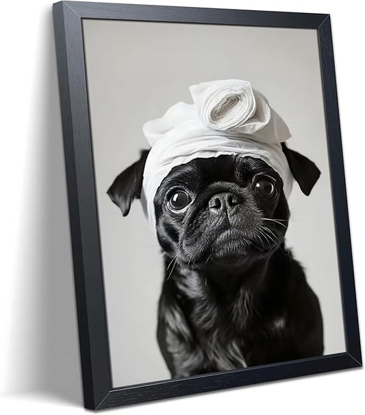 Framed Funny Dog Bathroom Wall Art, Cute Pug Bathroom Wall Decor, Cute Animal Canvas Print Picture, Modern Farmhouse Restroom Home Decor Painting 8x10 Inch Framed