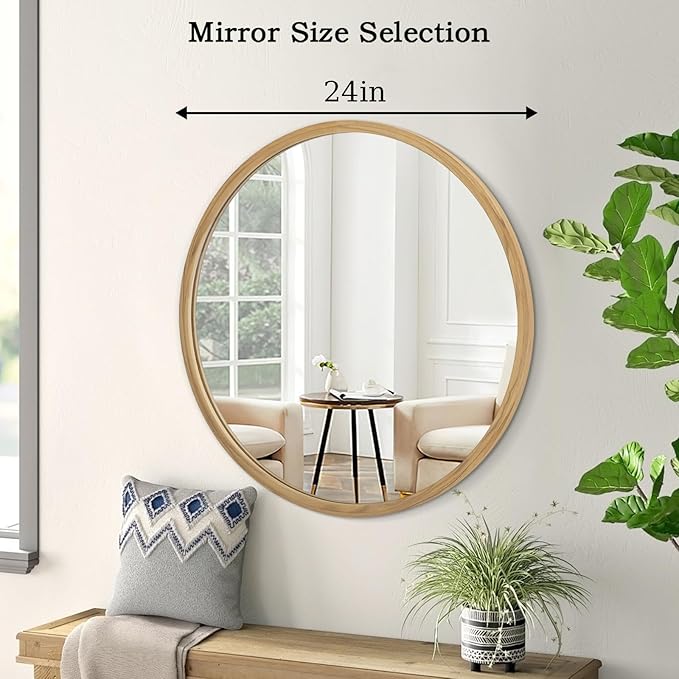 AOAOPQ Wall Mount Mirror for Bathroom Brushed Metal Framed Round Ative Hanging Small NaturalWoodgrain Mirror for Home Living Room Bedroom