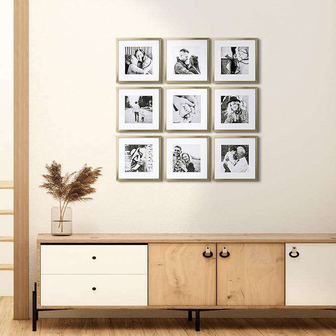 ArtbyHannah Photo Collage Frames for Wall, 10x10 Inch Square Picture Frame for Living Room or Staircase Decoration (Gold, 9 Pack)