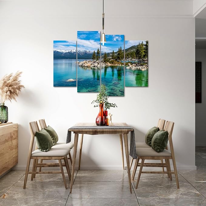 KREATIVE ARTS 4-Piece Lake Tahoe Canvas Wall Art Set - 48x33 Clear Turquoise Water & Green Mountain Forest Scenery, 3-Panel Landscape Prints for Home, Living, Dining Room Deco