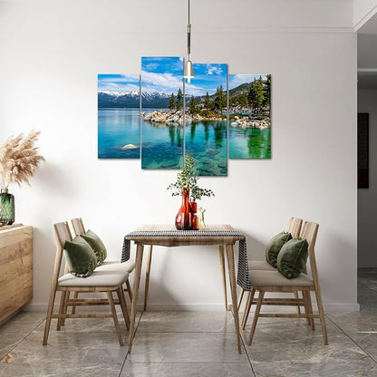 KREATIVE ARTS 4-Piece Lake Tahoe Canvas Wall Art Set - 48x33 Clear Turquoise Water & Green Mountain Forest Scenery, 3-Panel Landscape Prints for Home, Living, Dining Room Deco