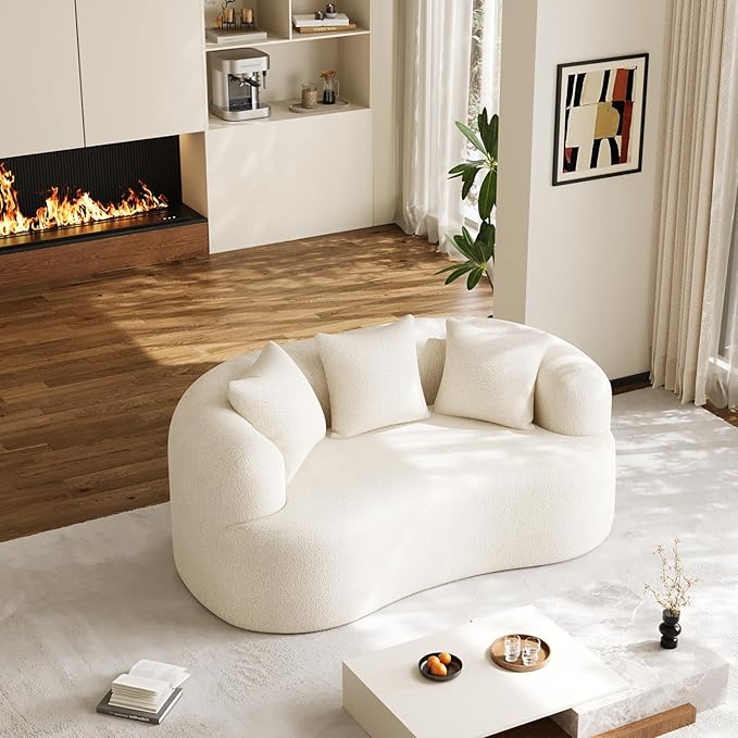 DAMAIFROM 68.5" Loveseat Sofa for Living Room, Modern Luxury Plush Chenille Extra Deep Seat Curved Cloud Floor Couch with 3 Throw Pillows for Small Spaces, No Assembly Needed, Cream White