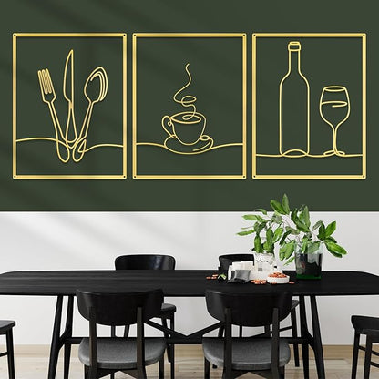 Otoolling 3 Pieces Metal Minimalist Line Kitchen Signs Wall Decor Drawing Rustic Kitchen Wall Art for Dining Living Room Home, 14 x 11 Inches(Dining Room,Gold)