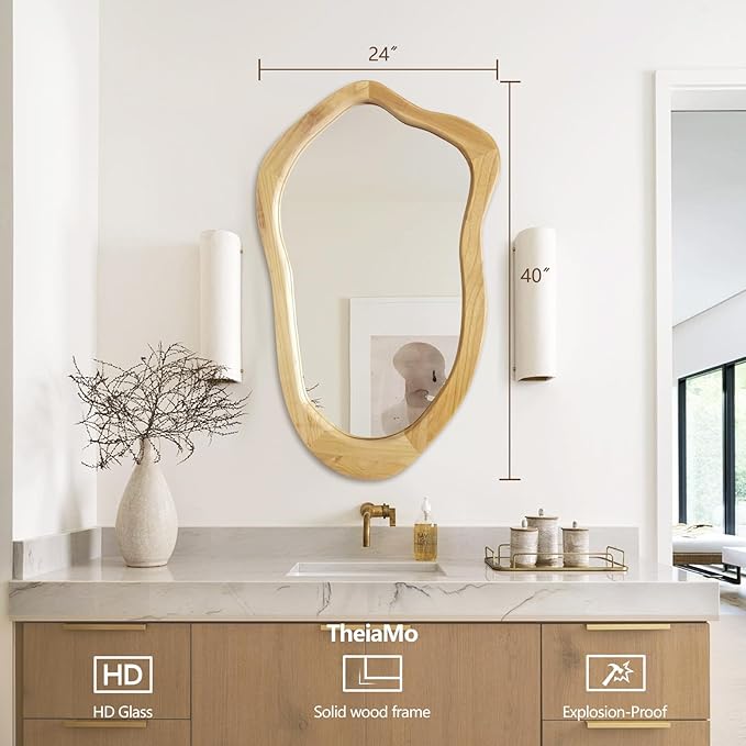 40"x24" Irregular Wall Mirror, Solid Asymmetrical Mirror, Wood Bathroom Mirrors Wall Mounted, Wall Mirrors Decorative for Living Room, Bedroom, Bathroom, Hallway, Entryway