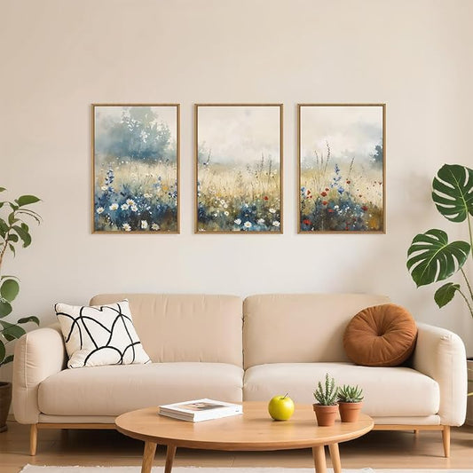 Nature Wildflower Framed Canvas Wall Art Set, Pastoral Landscape Wall Decor, Colorful Meadow Wall Painting, Rustic Floral Art Print for Living Room, Bedroom, Office - 24"X36"X3