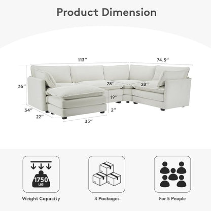 ROWHY 113'' Sectional Cloud Couch, 5 Seater Modular Corner L Shape Sofa Big Comfy Corduroy Oversized Couch with 2 Pillows Movable Ottoman, Deep Seat Sectional Couches for Living Room Office Light Grey | Pet-Friendly Fabric