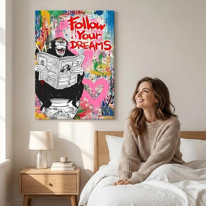 Banksy Art Wall Decor for Men Street Graffiti Canvas Wall Art Monkey on Toilet Painting Prints Follow Your Dreams Framed Artwork for Living Room Bedroom Office Decoration 18x24inch