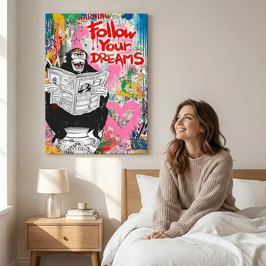 Banksy Art Wall Decor for Men Street Graffiti Canvas Wall Art Monkey on Toilet Painting Prints Follow Your Dreams Framed Artwork for Living Room Bedroom Office Decoration 18x24inch
