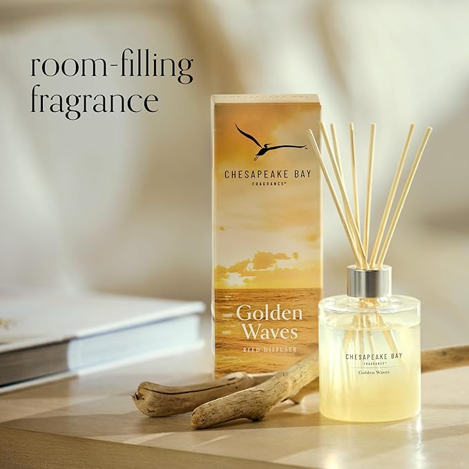 Chesapeake Bay, Reed Diffuser, 5.7oz, Golden Waves Scent, Mood Evoking, Sea Glass-Inspired Jar, Room Filling Fragrance Made with Essential Oils, Coastal Fragrance for Home Décor or Gifting