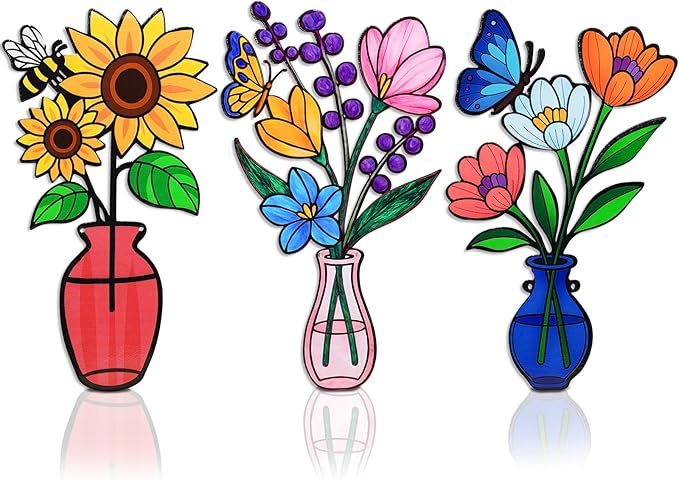 FaloStwer 3 Pieces Metal Vase Flowers Wall Arts Decor, Rustic Farmhouse Style Décor Metal Wall Decors Sculptures, Minimalist Flower Natural Themed Decorations for Home Bedroom Dining Room Housewarming Gifts(Colorful-A)