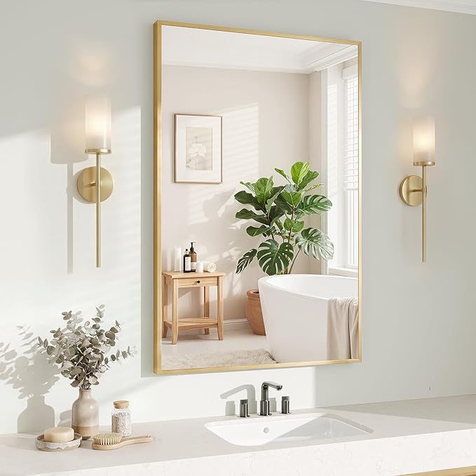 Koonmi Gold Mirrors for Wall, 26x38 Inch Bathroom Mirror, Rectangular Wall Mirror for Living Room Bedroom Bathroom, Hangs Horizontally or Vertically