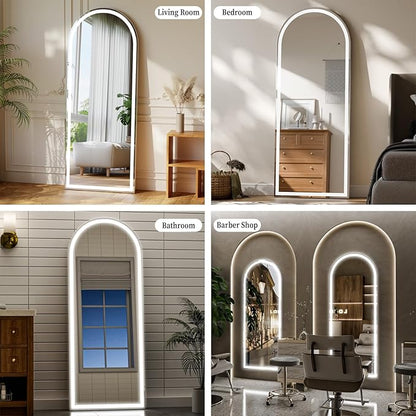 LED Arched Full Length Mirror with Lights 65"x26" - Lighted Floor Mirror with Dimming & 3 Color Lighting, Aluminum Frame Standing Leaning or Hanging for Bedroom Cloakroom White