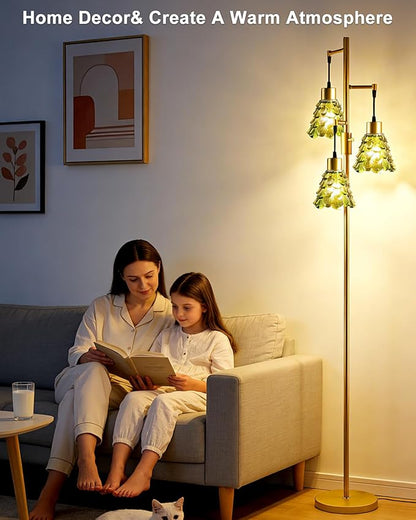 3-Light Modern Glass Floor Lamp, Gold Standing Tall Lamp with Green Pinecone Glass Shade for Reading, Dimmable LED Floor Lamp with 5Lbs Heavy Base for Living Room Bedroom Home Decor, Bulb Included