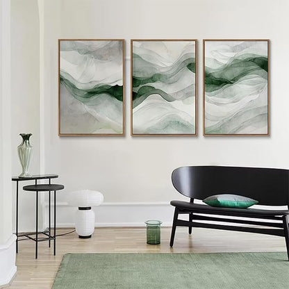 myusuar 3 Piece Large Abstract Framed Wall Art For Living Room, Smoke Texture Ink Teal Soft Green Canvas Wall Art Modern Minimalist Art Prints Wall Décor For Bedroom Office 24x36in
