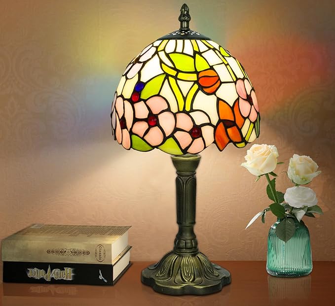 Tiffany Style Table Lamp, 3 Color Temperatures Bedside Lamp, 8 Inch Stained Glass Desk Light for Home Office Bedroom Living Room (Four-Leaf Flower Pattern)
