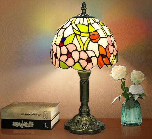 Tiffany Style Table Lamp, 3 Color Temperatures Bedside Lamp, 8 Inch Stained Glass Desk Light for Home Office Bedroom Living Room (Four-Leaf Flower Pattern)