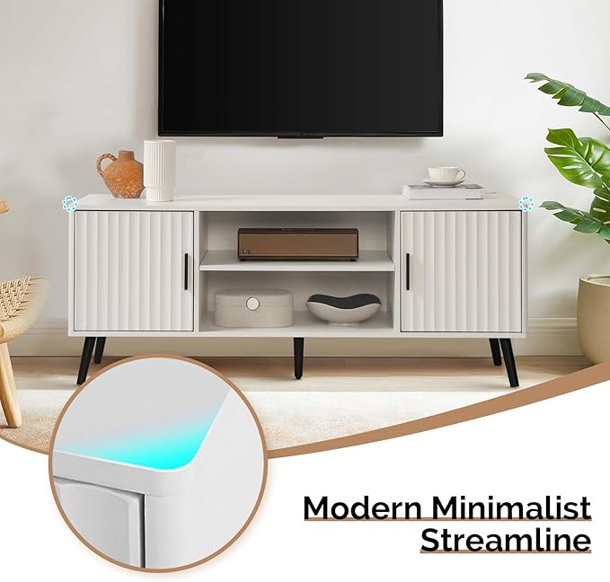 Modern TV Stand for 65 Inch TV, Entertainment Center with 2 Storage Cabinets and Adjustable Shelf, Solid Wood Feet, 4 Cord Holes, Strip Wave Media TV Console Table for Living Room Bedroom (White)