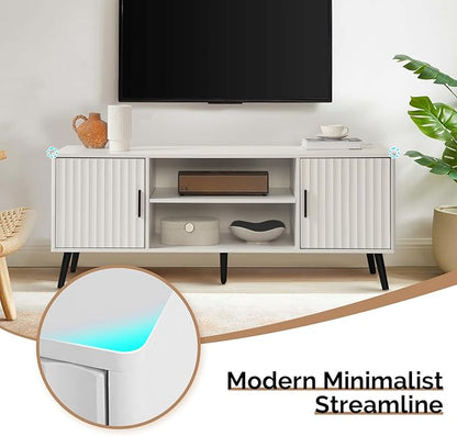 Modern TV Stand for 65 Inch TV, Entertainment Center with 2 Storage Cabinets and Adjustable Shelf, Solid Wood Feet, 4 Cord Holes, Strip Wave Media TV Console Table for Living Room Bedroom (White)