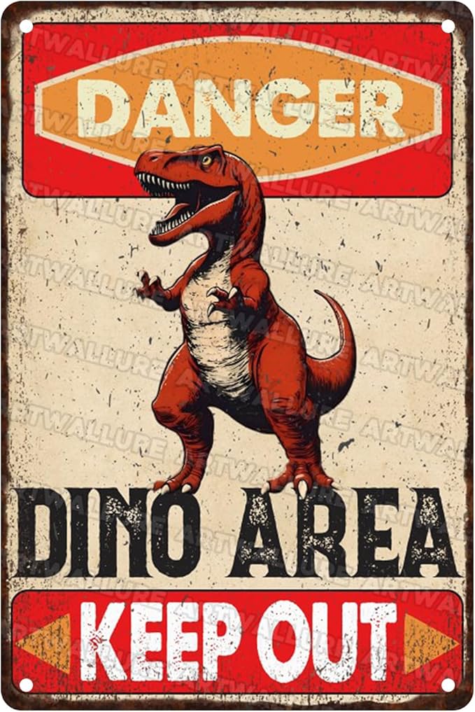 Dinosaur Vintage Tin Sign Danger Dinosaur Area Keep Out Funny Sign for Boys Room 8x12inch