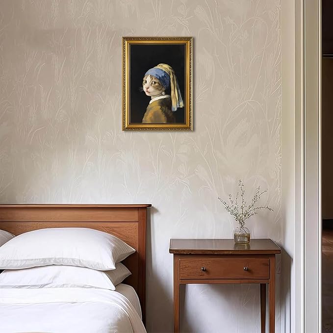 YD&YZY Gold Framed Funny Cat Wall Art Canvas Girl with a Pearl Earring Cat Wall Decor Unique Cute Animal Painting Picture Print Artwork for Bedroom Living Room Bathroom 12x16 inch Framed