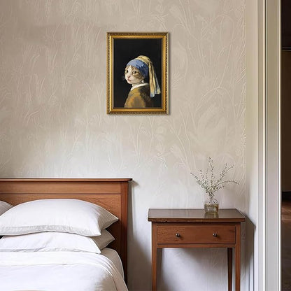 YD&YZY Gold Framed Funny Cat Wall Art Canvas Girl with a Pearl Earring Cat Wall Decor Unique Cute Animal Painting Picture Print Artwork for Bedroom Living Room Bathroom 12x16 inch Framed