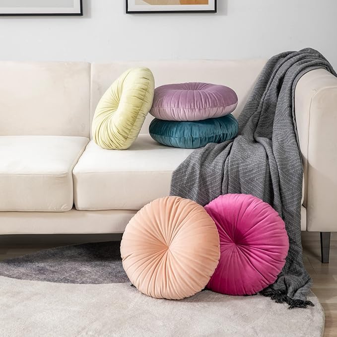 HLOVME Round Pillow Cushion for Couch Velvet Decorative Small Throw Pillow Solid Color for Living Room Bed Floor 15.7”, Light Purple