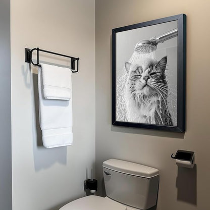 XYHYRA Cute Cat Bathroom Decor Funny Animal Bathroom Wall Art Cat Bathing Wall Decor Poster Painting Black and White Canvas Print Artwork Modern Farmhouse Restroom Home Decoration 16x24 Inch Wood Framed