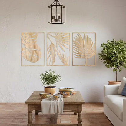 Jinzhenhong 3Pcs Modern Wooden Wall Sculptures, Leaf Sign Vintage Tropical Plant Wall, Wood Rustic Palm Leaf Wall Art Decor for Living Room Bathroom Bedroom Office (Leaf 1 Light Brown)