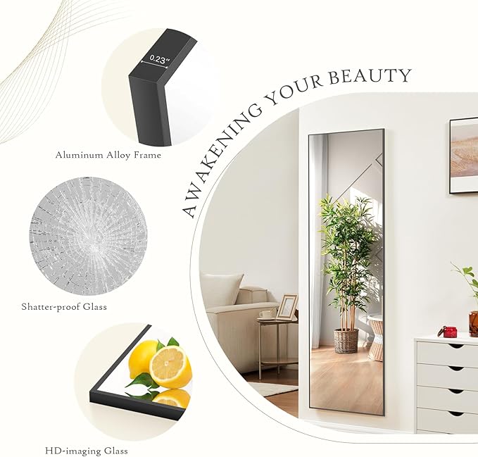 Mirror Full Length, Upgraded 21"x64" Body Wall Mirrors with Shatter-Proof Glass, Floor Standing, Hanging or Leaning, Tall Mirror with Stand Aluminum Alloy Frame for Bedroom, Black