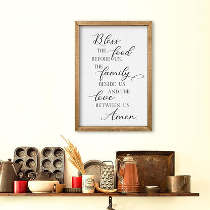 comurdyo Kitchen Wall Decor Bless the Food Before Us Prayer Farmhouse Christian Sign 16"×11" Framed Wood for Small Modern Religious Holy Dining Room Kitchen Plaque Wall Art Hanging (Wood)