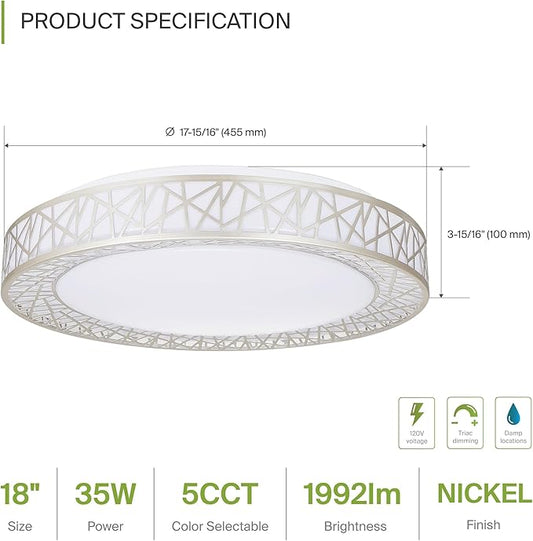 ASD 18 Inch LED Flush Mount Ceiling Light Fixture for Bedroom, 35W 1992LM 5CCT 2700K-5000K, Triac Dimmable Lights, Dining, Living Room, Kitchen Lamps, Modern Home Lighting Fixtures, Nickel, ETL