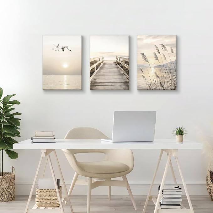 WENGTIAO 3Pcs Seascape Wall Art Beige Reeds Sunset Canvas Paintings Ocean Beach Scenic Prints Pictures Rustic Bridge Boardwalk Wall Decor Seagulls Artwork Posters for Living Room Bedroom 16”x24”x3