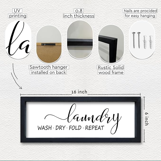 Laundry Room Wall Decor Sign 16"×6" Bathroom Laundry Rules Wash Dry Fold Repeat Small Wood Framed Wall Hanging Art (Black)