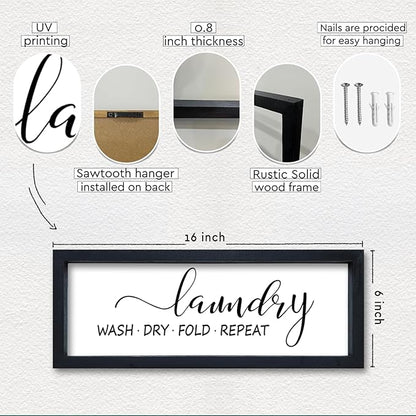 Laundry Room Wall Decor Sign 16"×6" Bathroom Laundry Rules Wash Dry Fold Repeat Small Wood Framed Wall Hanging Art (Black)