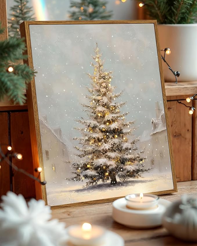VIYYIEA Framed Canvas Christmas Tree Wall Art Pictures Home Decor Village Canvas Prints, Vintage Christmas Decorations Indoor Painting Picture, Wall Decor Gifts for Friends or Family - 16L x 12W