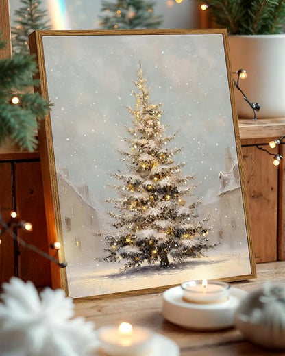 VIYYIEA Framed Canvas Christmas Tree Wall Art Pictures Home Decor Village Canvas Prints, Vintage Christmas Decorations Indoor Painting Picture, Wall Decor Gifts for Friends or Family - 16L x 12W