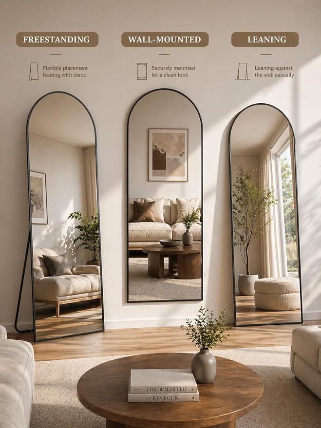 Full Length Mirror, 71"x28" Arched Floor Mirror Freestanding, Floor Standing Full Body Mirror with Stand for Bedroom, Hanging Mounted for Living Room Cloakroom, Black